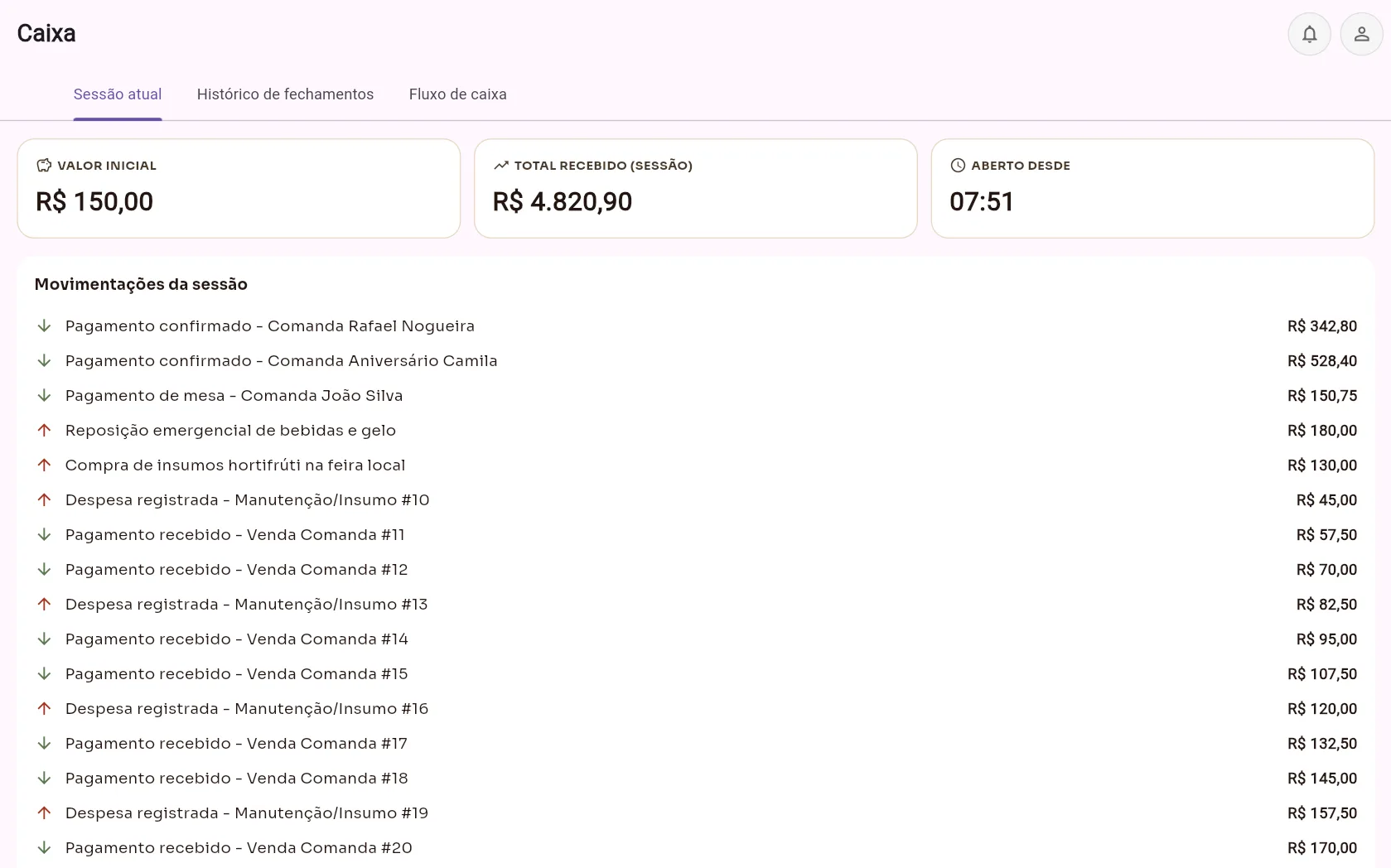 Tela de caixa do ComandaLivre com valor inicial, total recebido na sessão e movimentações