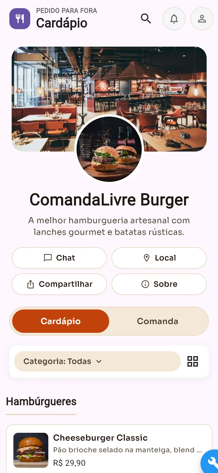 Cardápio digital acessado pelo celular do cliente após escanear o QR Code da mesa