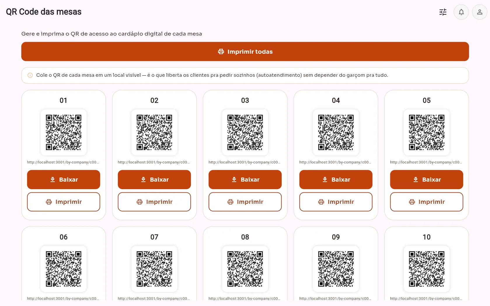 Tela de geração e exportação dos QR Codes de cada mesa